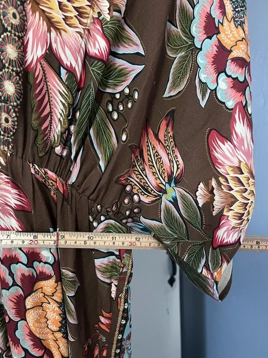 Farm Rio Anthropologie Valentina Floral Maxi Dress Brown Boho Kimono Sleeve Sz S - Picture 15 of 16